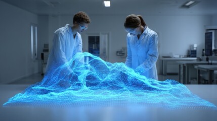 Innovative Scientists Examining Dynamic Data Visualization in Modern Laboratory with Futuristic Technology and Digital Interface