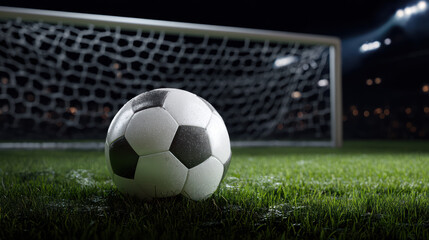 Obraz premium Close up shot of soccer ball lying on green grass pitch in front of blurry goal net with lights shining at night, perfect for sports concepts and design.