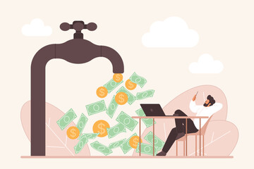 Businessman relaxing as cash and coins flow from a large faucet, symbolizing effortless passive income and financial freedom, modern business concept vector illustration