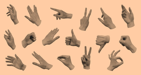 Retro collage of realistic halftone hands showing various gestures, inspired by vintage punk posters and newspaper clippings, perfect for creative design projects vector illustration