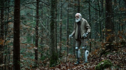 Fototapeta premium Elderly Man with Prosthetic Legs Walking Through Serene Autumn Forest Surrounded by Trees and Fallen Leaves