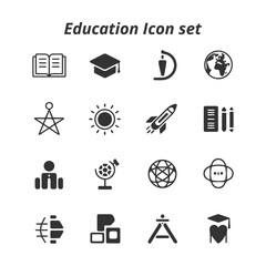A complete vector set of black and white Education icons, representing school, college, science, and learning concepts for academic design projects.