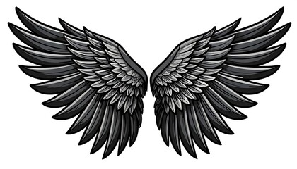 Obraz premium Detailed illustration of feathered wings spread. Dark grayscale shades create depth and texture on the individual feathers