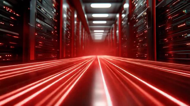 Data Center's Red Corridor: A mesmerizing perspective of a data center, the scene is illuminated by red data streams.
