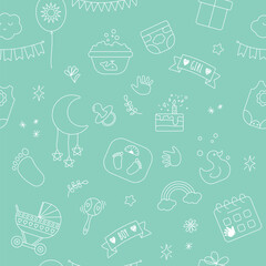 Playful baby metric line doodle pattern featuring icons like pram, pacifier, diaper, cake, and toys on a green background for nursery or baby shower themes vector illustration