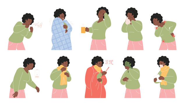 Sick african black woman showing cold and flu symptoms like coughing, sneezing, fever, headache, sore throat, tiredness, and chills, isolated on white background vector illustration