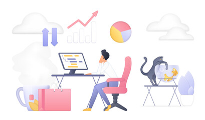 Remote worker at desk with computer, coffee, shopping bag, cat, fishbowl, and business charts, modern home office concept isolated on white background vector illustration