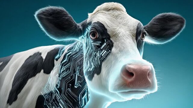 Cyber Cow: A high-tech cow with circuit patterns and glowing details represents the fusion of technology and nature. Showcasing an innovative concept, futuristic animal