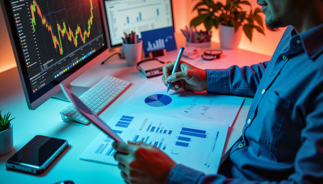 Data analyst reviewing economic trends in vibrant office space, analysis - Powered by Adobe