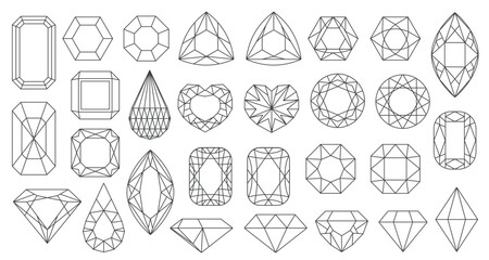 Collection of various diamond and gemstone line doodle shapes, including hearts, ovals, rounds, and geometric cuts, isolated on white background vector illustration © lembergvector