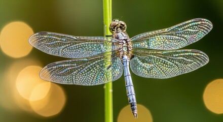 Detailed macro photograph of a delicate dragonfly perched on a vibrant green stem with soft bokeh lights
