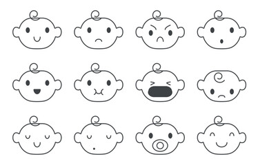 Cute baby face doodles showing various emotions in a simple line art style, perfect for educational or parenting designs, isolated on white background vector illustration