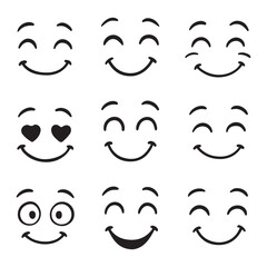 Nine playful smiley face icons with various happy and expressive emotions, perfect for chat, messaging, or decoration, isolated on white background vector illustration