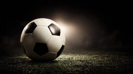 Fototapeta premium A classic black and white soccer ball sits dramatically lit on a grassy field, ready for the big game under the stadium lights, creating a sense of anticipation.
