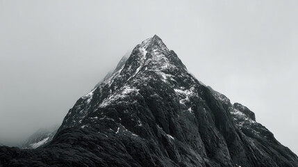 The majestic mountain peak, dusted with snow and shrouded in mist, rises dramatically against a stark, overcast sky, creating a serene and powerful vista.