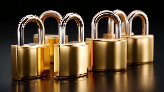 Secured Padlocks: Gleaming golden padlocks stand in a row, embodying security and protection in a high-tech digital realm. Reflecting trust, guarding valuable information, and offering peace of mind.