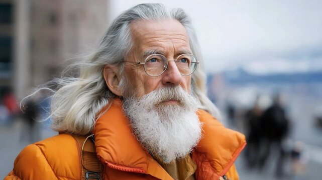 Contemplative Elder: A dignified elderly man with a long, flowing white beard and hair gazes pensively into the distance. His serene expression, framed by round glasses.