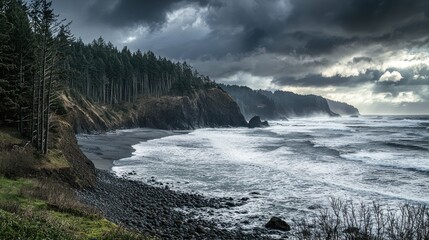 Fototapeta premium A dramatic nature landscape featuring rugged cliffs, dark skies, and rolling waves crashing onto a rocky shore.