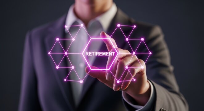Business professional selecting digital retirement option on a glowing futuristic interface symbolizing secure financial planning and investment strategy - Powered by Adobe