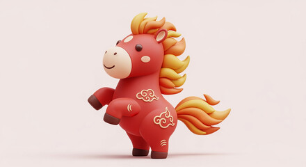 Cute fire horse mascot designed in smooth 3D clay style with warm red orange festive colors
