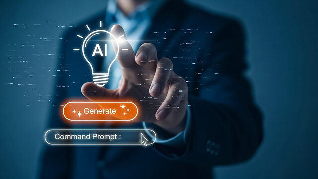 Professional generates innovative AI solutions touching lightbulb via command prompt Future business technology digital