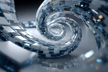 Abstract glass spiral twist with white and blue gradient on 3d background. Render swirl of translucent square plate shapes, vortex flow layer effect. Futuristic technology, data array. 3D illustration