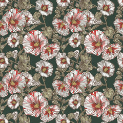 Hand drawing seamless floral pattern of flowers and leaves on dark background. Creative nature art for fabric, wallpaper, textile and print design. Not AI generated.