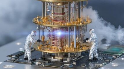 Advanced Quantum Computing Technology with Scientists in Protective Suits Working on a Quantum Processor