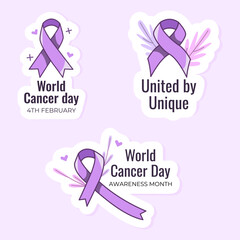 Vector sticker set. World Cancer Day illustrations.