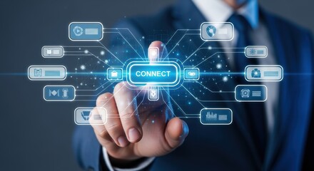 Businessman presses a glowing connect button on a futuristic digital interface symbolizing global network communication and modern business technology