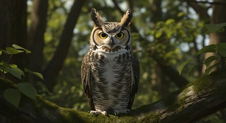 Obraz premium Great Horned Owl Perched on Branch in Forest.