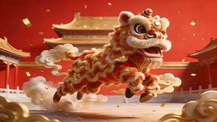Dynamic lion dance leaping in front of a temple