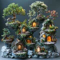 Fototapeta premium A charming miniature garden scene features tiny houses surrounded by lush trees and colorful flowers, illuminated by warm light, creating a magical and idyllic setting.