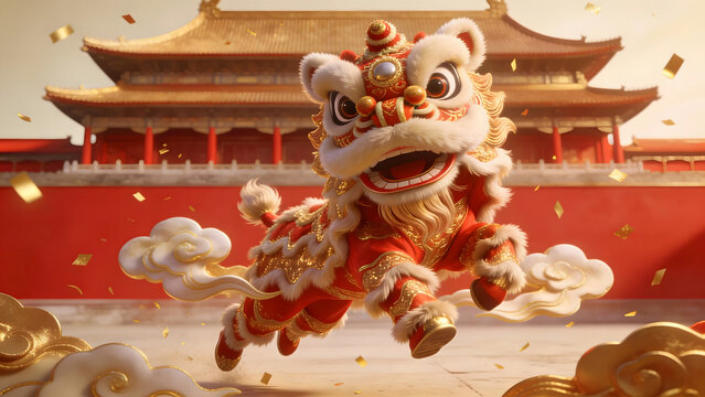 Dynamic lion dance leaping in front of a temple