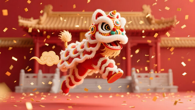 Dynamic lion dance leaping in front of a temple