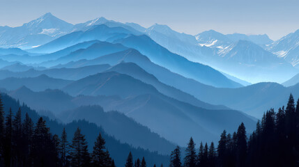 Obraz premium A serene panoramic vista of majestic blue mountains receding into the distance, with a lush evergreen forest in the foreground creating a peaceful landscape view.