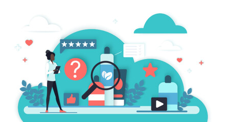 Consumer evaluates product quality using digital review icons, rating stars, and feedback symbols for online shopping and decision making concept isolated on white background vector illustration