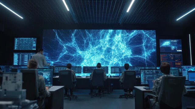 Cyber security operations center with team monitoring digital network data on large screens, 4k high quality footage