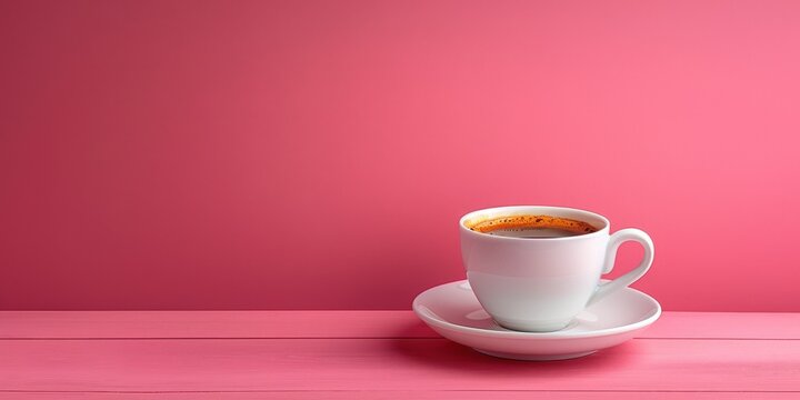 A pristine white cup filled with steaming coffee sits elegantly on a matching saucer. The backdrop is a soft, blush pink, creating a serene and inviting composition.