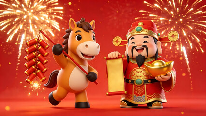 God of Wealth and Zodiac Horse Celebrating with Firecrackers