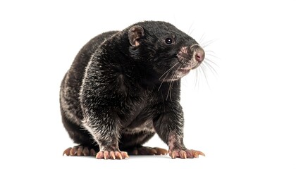 Obraz premium Dark furred wombat sits alert against a white background, facing slightly right with curious expression