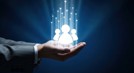 Professional hand elevates glowing social icons illuminating human resource management concept demonstrating digital connection and team spirit