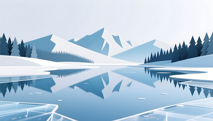 Quiet winter lake reflecting distant mountain silhouettes