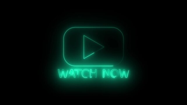 Neon glowing Watch now icon animation on transparent background. Watch now button click animation. button with icon animation concept. Watch now 4k video