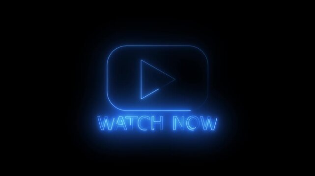Neon glowing Watch now icon animation on transparent background. Watch now button click animation. button with icon animation concept. Watch now 4k video