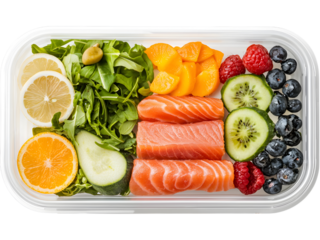 Colorful meal prep box filled with fresh veggies, proteins, and greens, ideal for healthy eating concepts, diet planning, nutrition, and balanced lifestyle visuals.