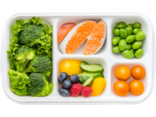 Colorful meal prep box filled with fresh veggies, proteins, and greens, ideal for healthy eating concepts, diet planning, nutrition, and balanced lifestyle visuals.