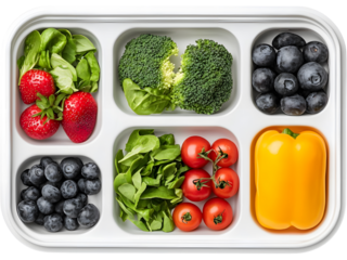 Colorful meal prep box filled with fresh veggies, proteins, and greens, ideal for healthy eating concepts, diet planning, nutrition, and balanced lifestyle visuals.