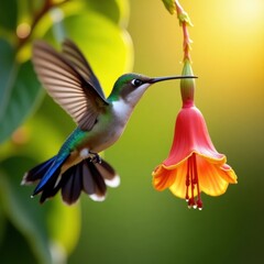 Naklejka premium Hummingbird feeding on red flower