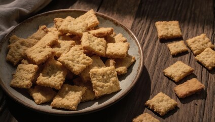 Savory Cheese Crackers on Rustic Wooden Table.